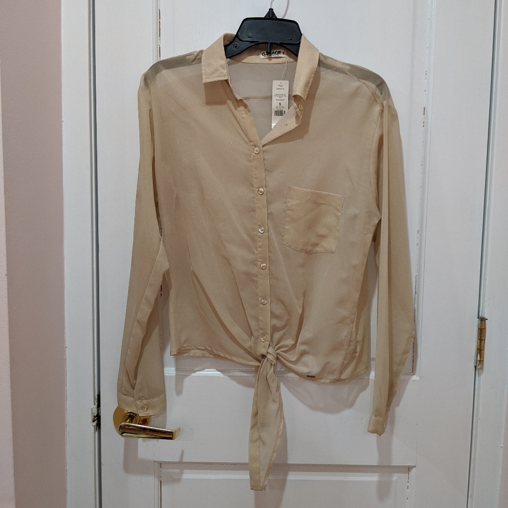 NWT GARAGE Sheer Womens Chiffon Top Blouse Tie Front Foil Shirt Beige Gold SMALL